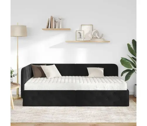 Stūra Gultas Rāmis Ar Matraci Melna 90 X 200 Cm Samts Vidaxl