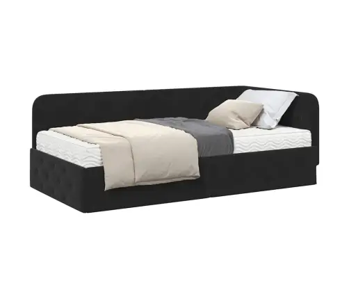 Stūra Gultas Rāmis Ar Matraci Melna 90 X 200 Cm Samts Vidaxl