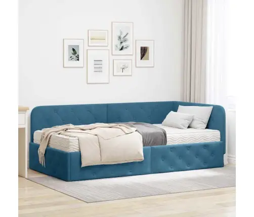 Stūra Gultas Rāmis Ar Matraci Zila 100 X 200 Cm Samts Vidaxl