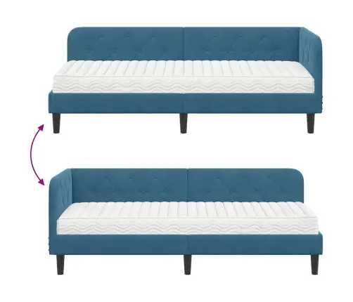 Stūra Gultas Rāmis Ar Matraci Zila 80 X 200 Cm Samts Vidaxl