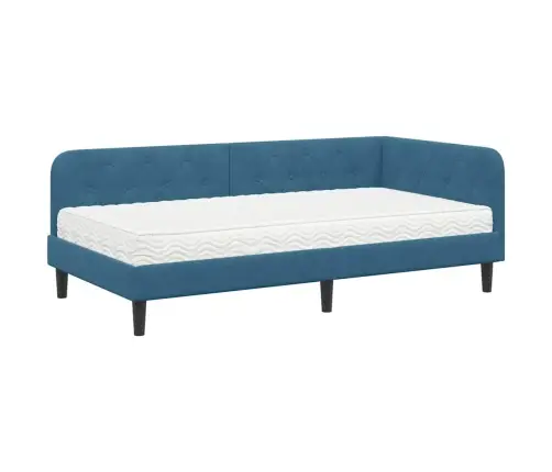 Stūra Gultas Rāmis Ar Matraci Zila 90 X 190 Cm Samts Vidaxl