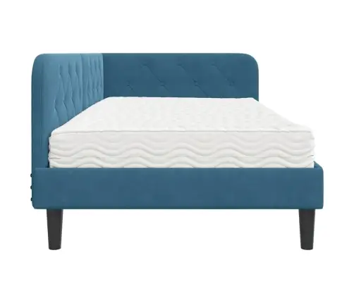 Stūra Gultas Rāmis Ar Matraci Zila 90 X 190 Cm Samts Vidaxl