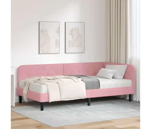 Stūra Gultas Rāmis Ar Matraci Rozā 90 X 190 Cm Samts Vidaxl