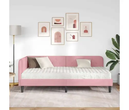 Stūra Gultas Rāmis Ar Matraci Rozā 90 X 190 Cm Samts Vidaxl