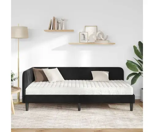 Stūra Gultas Rāmis Ar Matraci Melna 90 X 200 Cm Samts Vidaxl