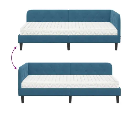 Stūra Gultas Rāmis Ar Matraci Zila 100 X 200 Cm Samts Vidaxl