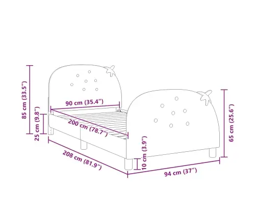 Laste Voodiraam Peatoega Peaga Roosa 90 X 200 Cm Samet