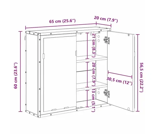 Vannas Istabas Spoguļu Skapis Amatnieku Ozola 65 X 20 X 60 Cm Vidaxl