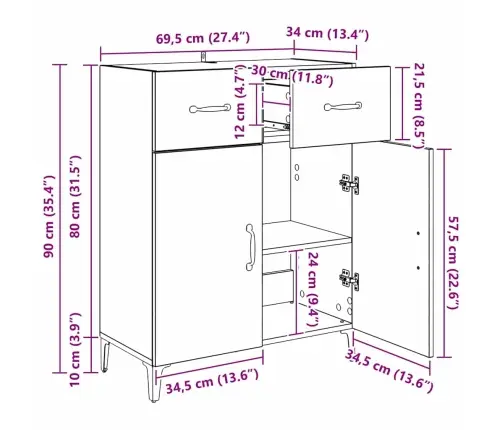 Puse Melns Ozols 34 X 69.5 X 90 Cm Inženierijas Koks Vidaxl