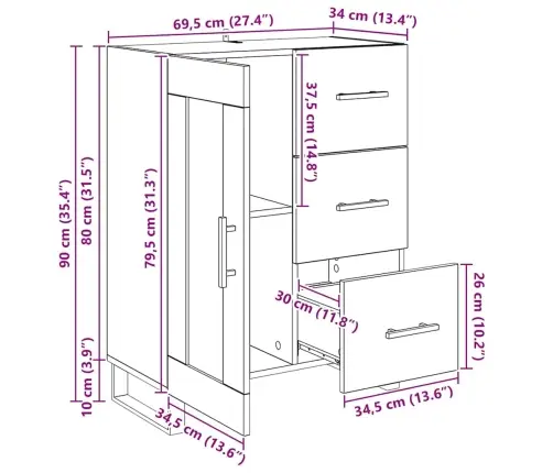 Puse Ar Atvilktni Melns Ozolkoks 69,5 X 34 X 90 Cm Vidaxl