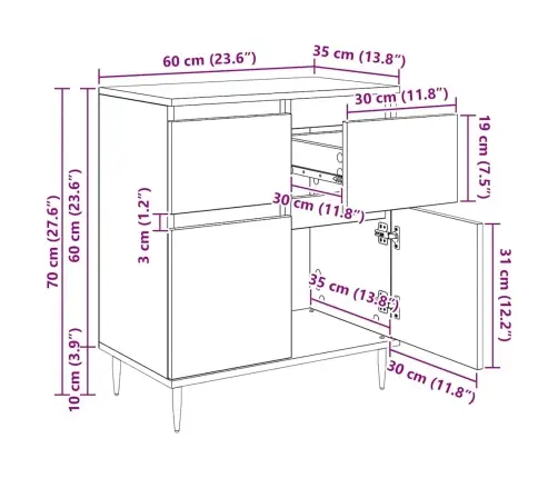 Puse Artisānā Ozols 60 X 35 X 70 Cm Inženierija Koks Un Dzelzs Vidaxl