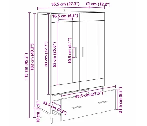 Augstais Skapītis Ar Atvilktni Vecs Koks 69,5 X 31 X 115 Cm Vidaxl