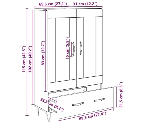 Augstais Skapītis Artisānā Ozols 69,5 X 31 X 115 Cm Vidaxl