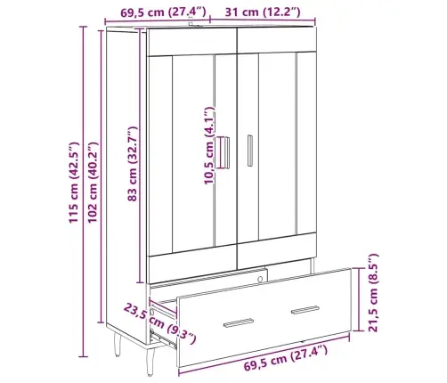 Augstais Skapītis Ar Atvilktni Vecs Koks 69,5 X 31 X 115 Cm Vidaxl