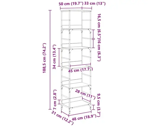 Grāmatu Plaukts Melns Ozolkoks 50 X 33 X 188,5 Cm Vidaxl