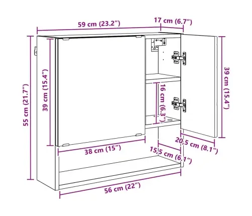 Veidrodžio Spinta Balta 59 X 17 X 55 Cm Apdirbta Mediena