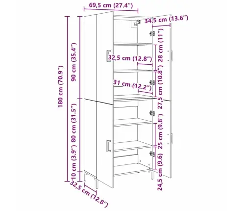 Augstais Skapītis Melns Ozols 69.5 X 34 X 180 Cm Vidaxl