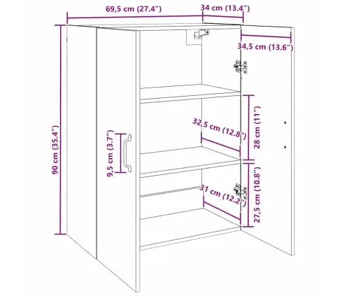 Seinale Kinnitatud Kapid 2 Pcs Käsitöötamm 69.5 X 34 X 90 Cm