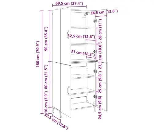 Augstais Skapītis Melns Ozols 69.5 X 34 X 180 Cm Vidaxl