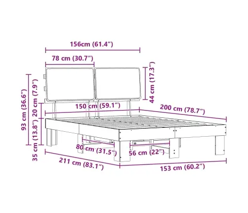 Gultas Rāmis Ar Polsterētu Galvas Balstu Melna 150 X 200 Cm Vidaxl