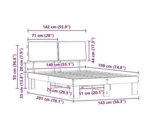 Gultas Rāmis Ar Polsterētu Galvas Balstu Melna 140 X 190 Cm Vidaxl