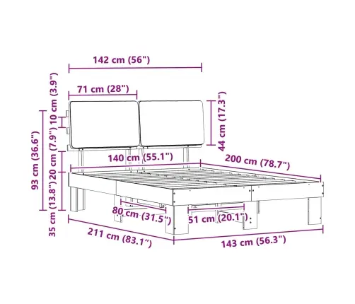 Voodiraam Pehme Peatoega Pruunikashall 140 X 200 Cm Tahke Mänd