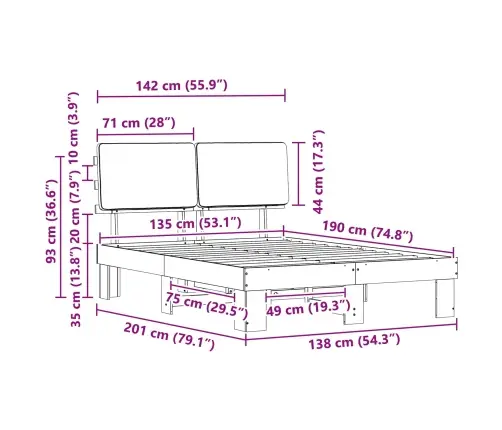 Voodiraam Pehme Peatoega Peaga Tumehall 135 X 190 Cm Tahke Mänd