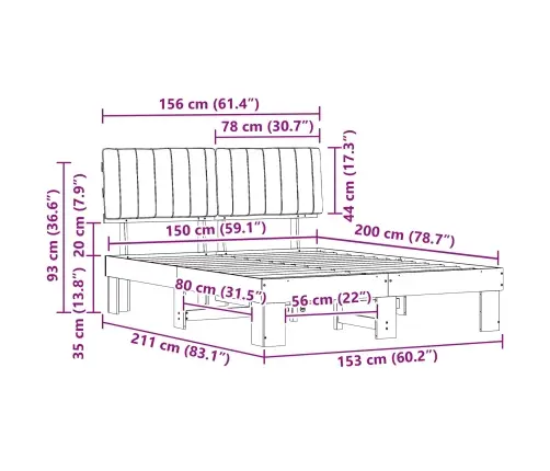 Gultas Rāmis Ar Polsterētu Galvas Balstu Melna 150 X 200 Cm Vidaxl