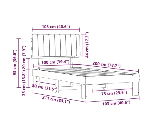 Voodiraam Pehme Peatoega Peaga Helehall 100 X 200 Cm Tahke Mänd