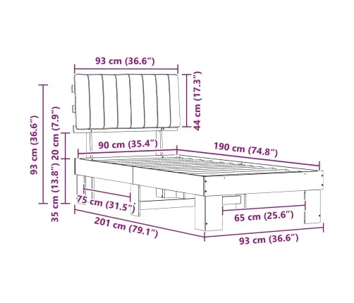 Gultas Rāmis Ar Polsterētu Galvas Balstu Melna 90 X 190 Cm Vidaxl