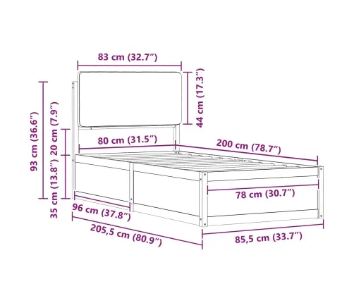Gultas Rāmis Ar Polsterētu Galvas Balstu Melna 80 X 200 Cm Vidaxl