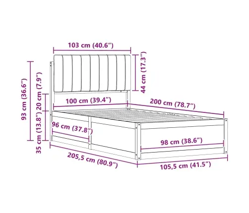 Voodiraam Pehme Peatoega Peaga Must 100 X 200 Cm Tahke Mänd