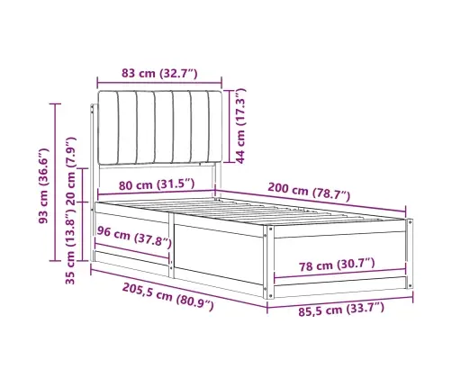 Gultas Rāmis Ar Polsterētu Galvas Balstu Melna 80 X 200 Cm Vidaxl