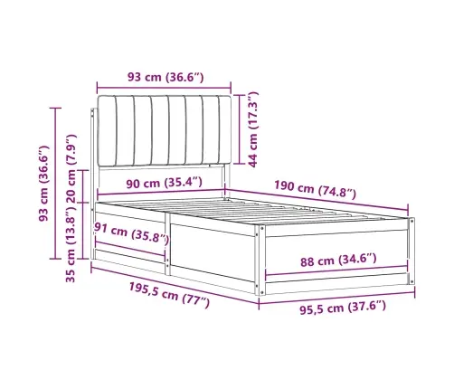Voodiraam Pehme Peatoega Peaga Helehall 90 X 190 Cm Tahke Mänd