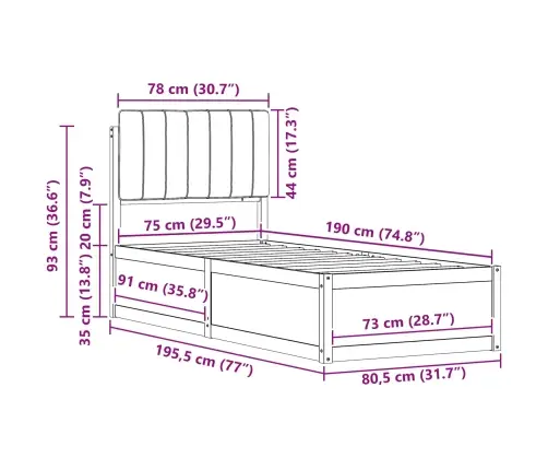 Gultas Rāmis Ar Polsterētu Galvas Balstu Melna 75 X 190 Cm Vidaxl
