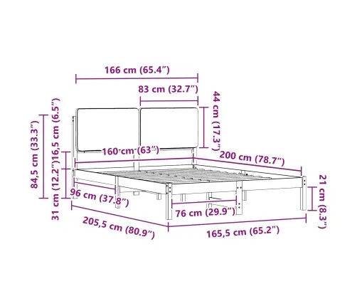 Voodiraam Pehme Peatoega Pruunikashall 160 X 200 Cm Tahke Mänd
