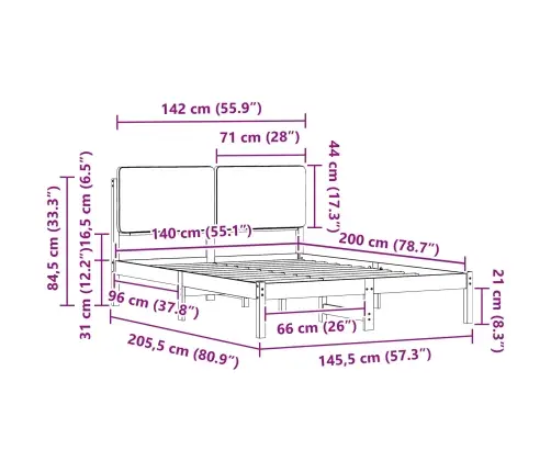 Gultas Rāmis Ar Polsterētu Galvas Balstu Melna 140 X 200 Cm Vidaxl