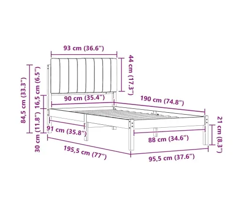 Voodiraam Pehme Peatoega Peaga Helehall 90 X 190 Cm Tahke Mänd