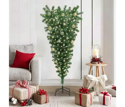 Otrādi Apgriezts Mākslīgais Iepriekš Izgaismotais Ziemassvētku Koks Ar Bumbiņu Komplektu Vidaxl