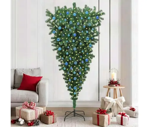 Apgrieztu Mākslīgo Iepriekš Apgaismotu Ziemassvētku Eglīti Ar Bumbu Komplektu Vidaxl