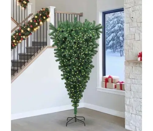 Apgrieztais Mākslīgais Iepriekš Apgaismotais Ziemassvētku Koks Ar Bumbiņu Komplektu Vidaxl