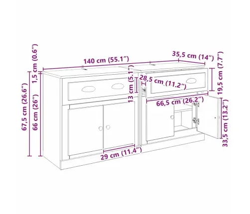 Sānu Skapji 2 Pcs Artisānā Ozols 70 X 35,5 X 67,5 Cm Vidaxl
