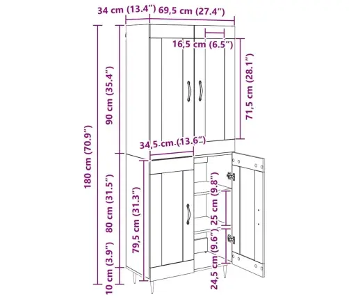 Augstais Skapītis Vecs Koks 69,5 X 34 X 180 Cm Vidaxl