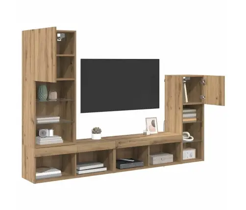 Tv Seinaüksused Led -Ribatuledega 4 Pcs Käsitööpuu Tehispuit