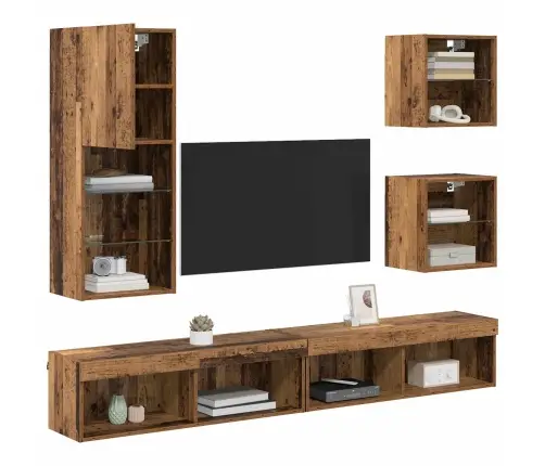 Televizorių Sieniniai Baldai Su Led 5 Pcs Senovinis Medis