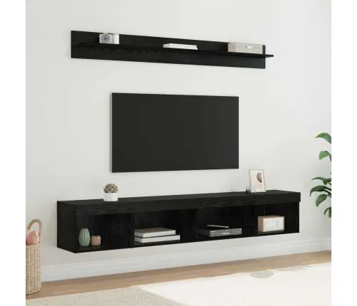 Tv Sieninio Kabineto Komplektas Su Led 5 Pcs Juodas Ąžuolas