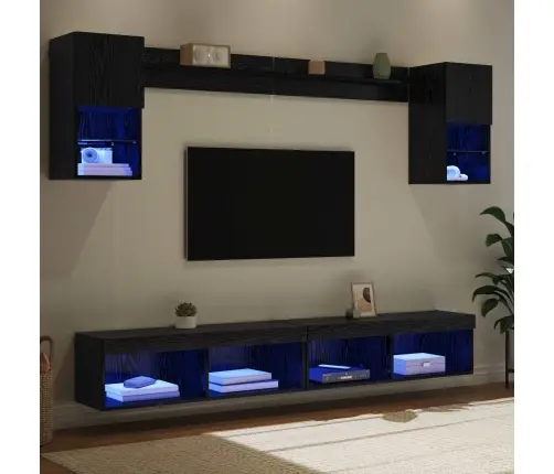 Tv Sienas Komplekti Ar Led 6 Pcs Melns Ozolkoks Inženierijas Koks