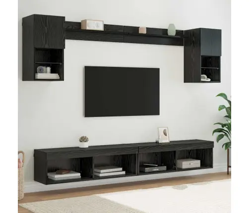 Tv Sienas Komplekti Ar Led 6 Pcs Melns Ozolkoks Inženierijas Koks