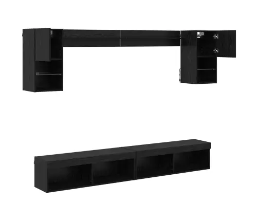 Tv Sienas Komplekti Ar Led 6 Pcs Melns Ozolkoks Inženierijas Koks