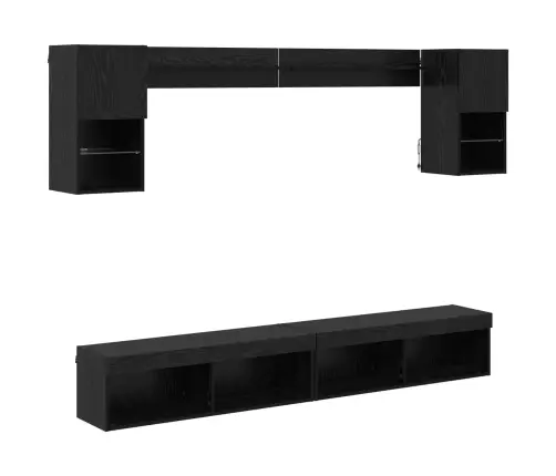 Tv Sienas Komplekti Ar Led 6 Pcs Melns Ozolkoks Inženierijas Koks